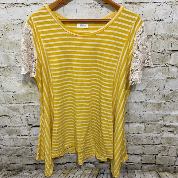 Umgee Oversized Yellow Stripee Crochet Shark Bite Hem Top - Picture 1 of 5